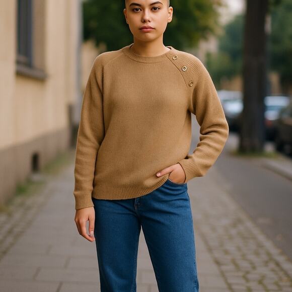 Sunny Studio Zola Camel Knit Sweater One Size Gold Button Shoulder Pullover NWT - Picture 1 of 8